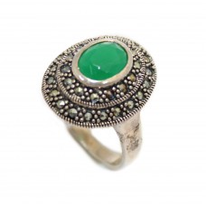 Women's Ring 925 Sterling Silver marcasite green onyx stone A 227